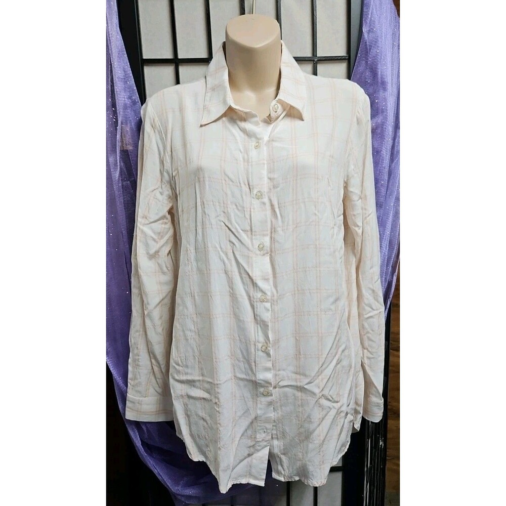 Calvin Klein Long Sleeve Roll Tab Peach & White Plaid Button Down Shirt - Sz S - Picture 2 of 9